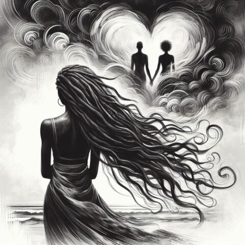 Image of a lady with her back turned and a cloud memory of her thoughts remembering herself and her lover holding hands